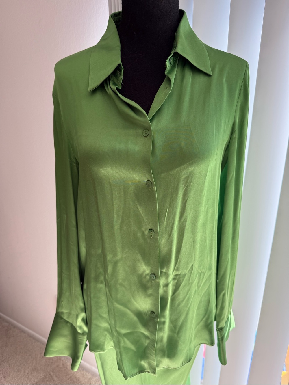 Massimo Dutti Emerald Green Satin Button-Down Blouse with skirt